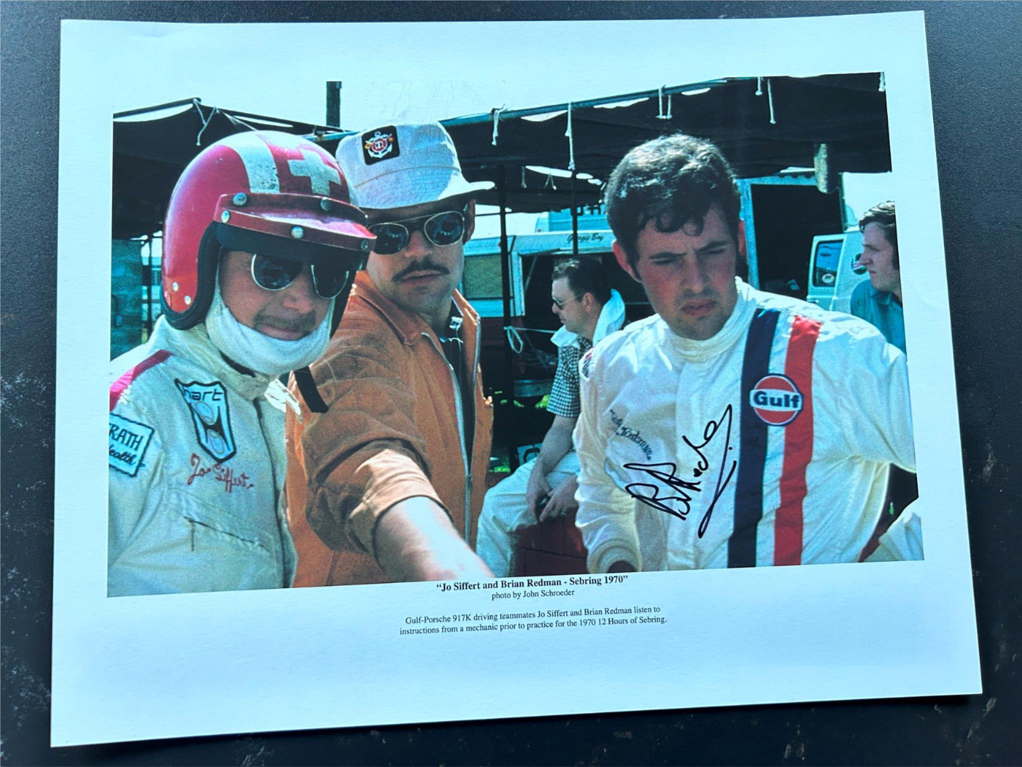 Signed 14x11 photo Jo Siffert &Brian Redman Sebring 12 hr 1970 Gulf Porsche 917K