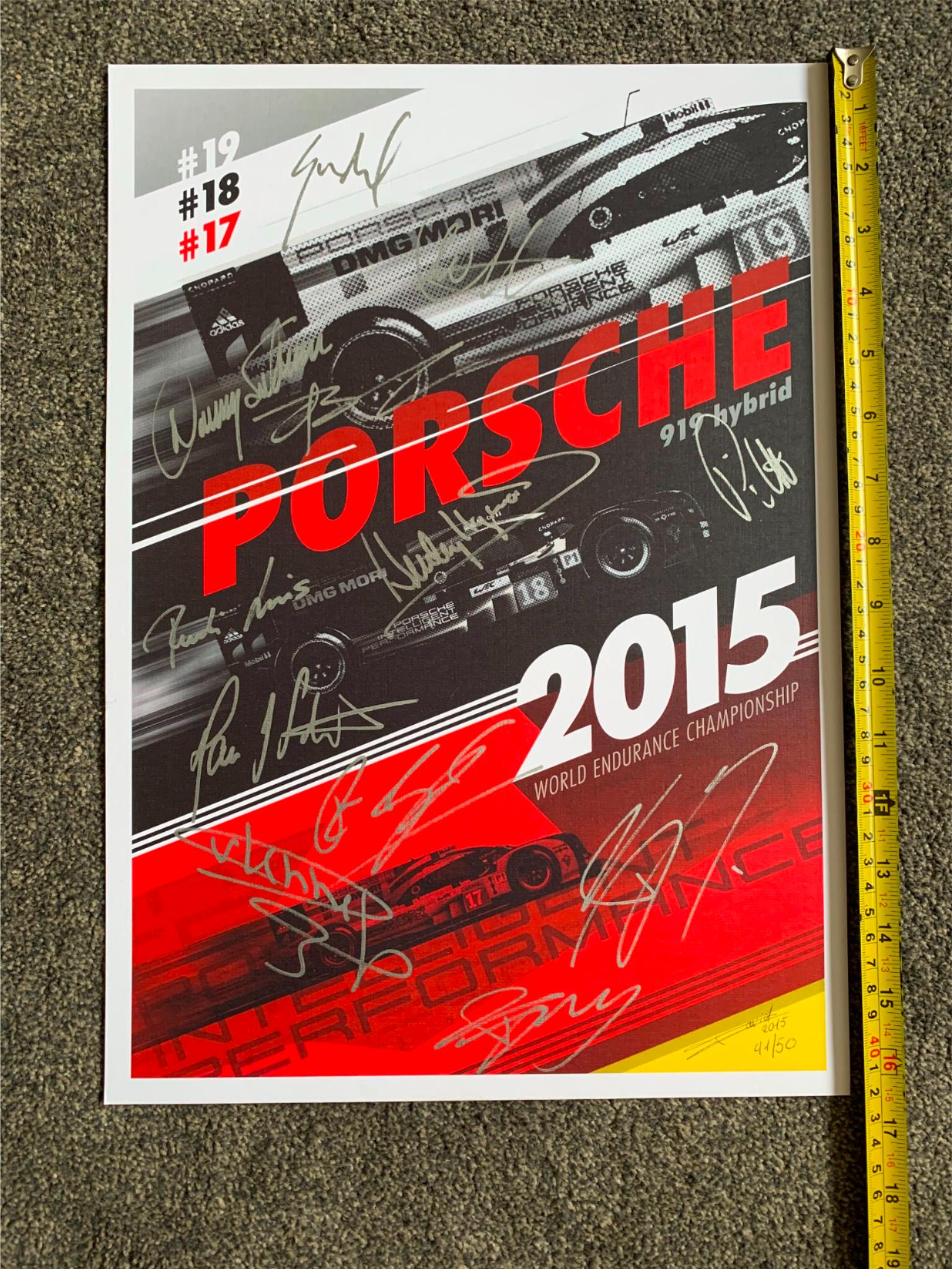 Ltd Ed41/50 Porsche 919 Hybrid WEC 2015 Le Mans poster Multi-signed by Legends