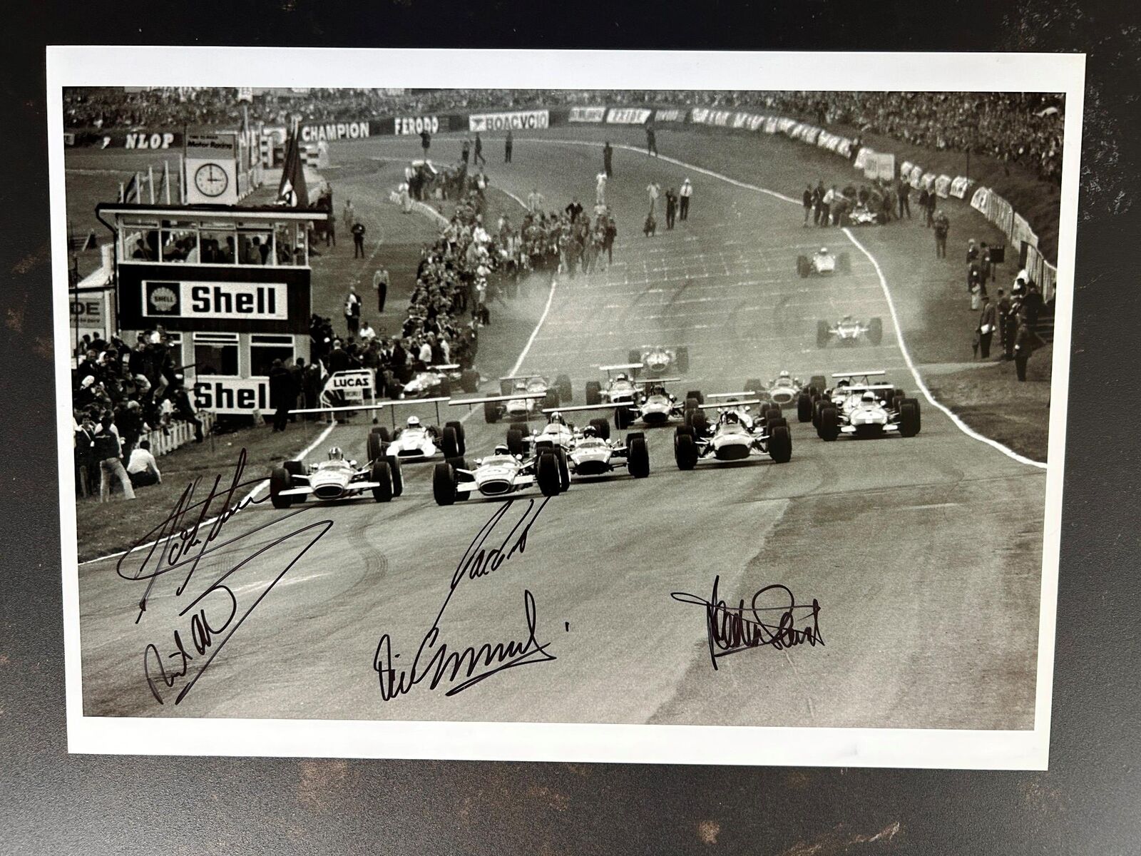 Signed Sutton 16x12 photo Brand Hatch 1968 Surtees Stewart Oliver Elford Attwood