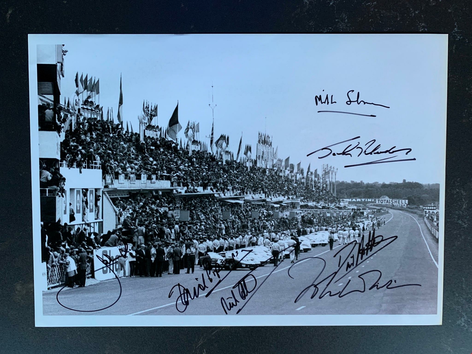 Sutton 16x12 photo Le Mans 1966 cars lined up in pits multi signed signatures